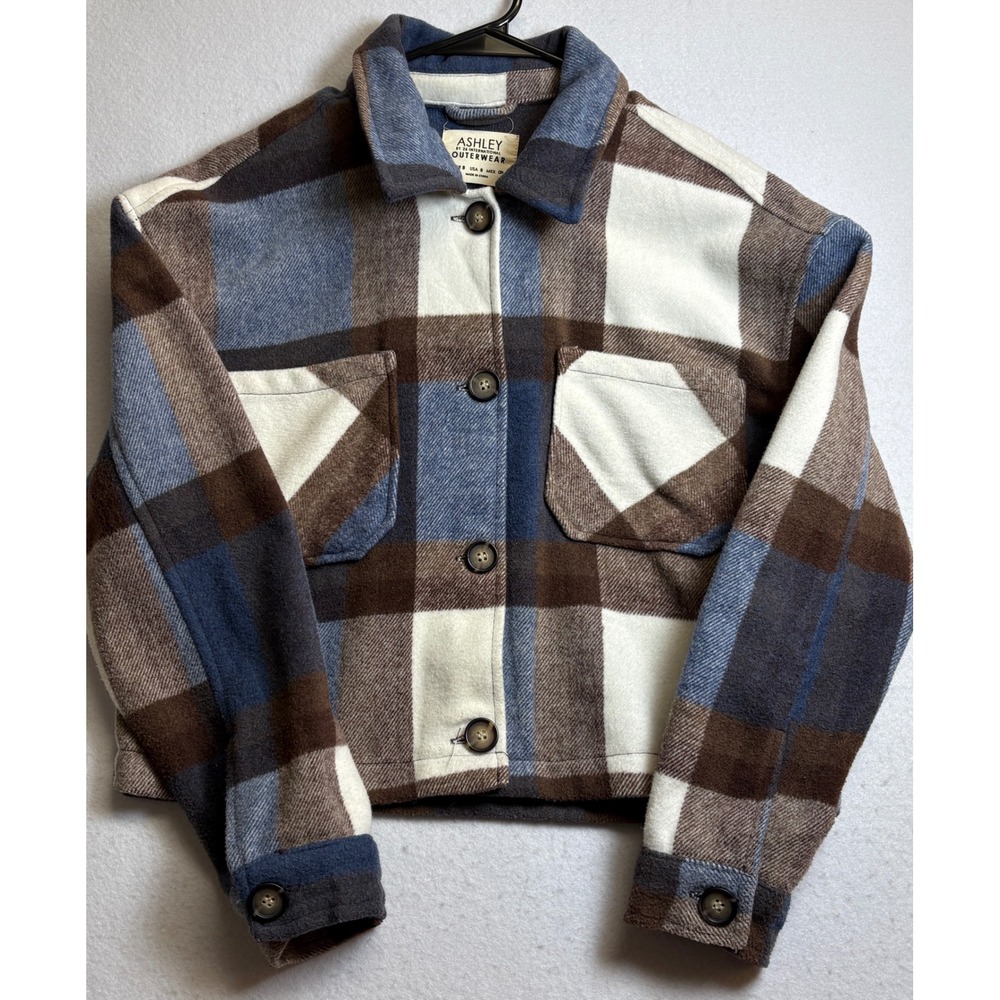 Ashley By 26 International Cropped Plaid Shacket Blue Brown Wool Blend Small - Picture 2 of 9